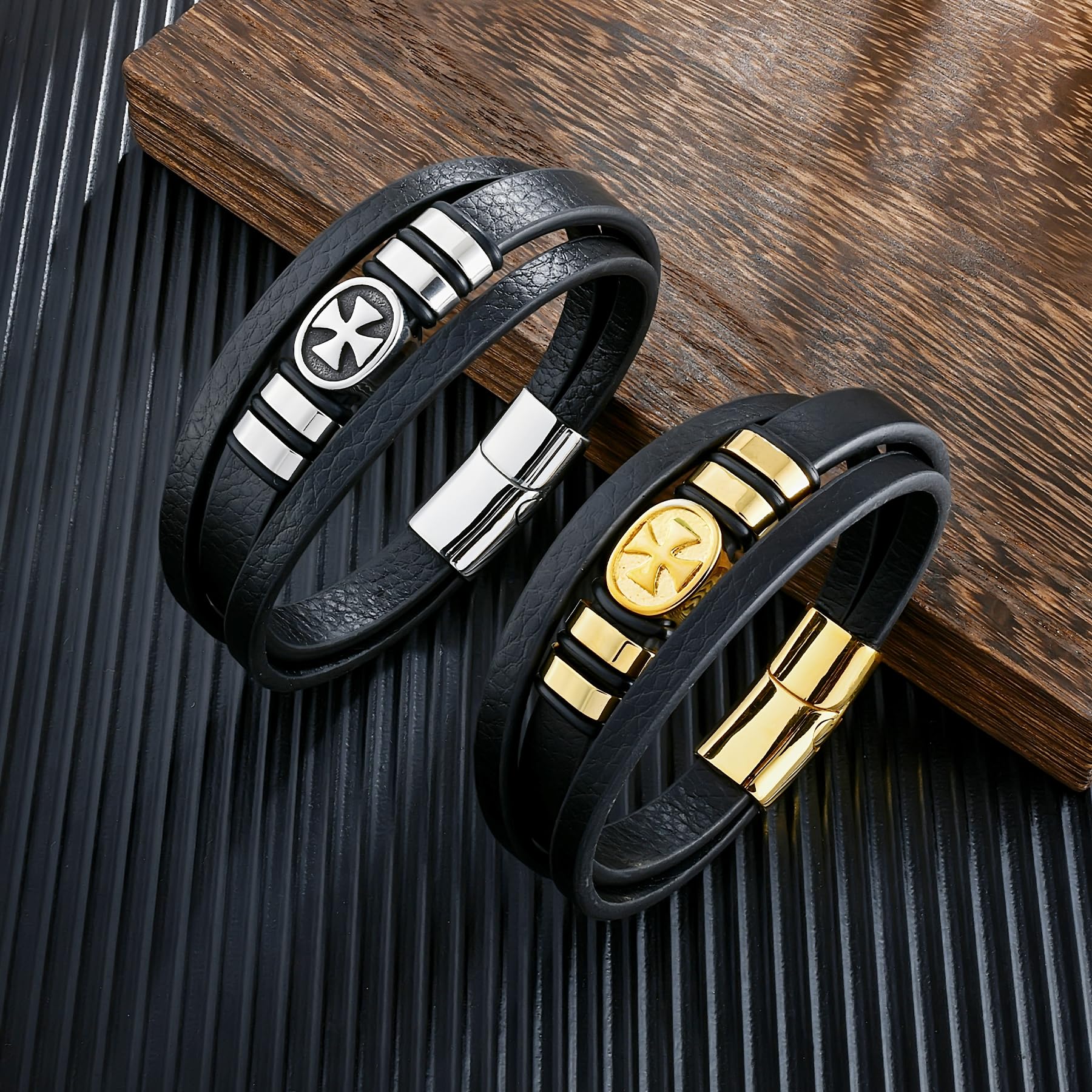 18K Gold Cross Leather Bracelet