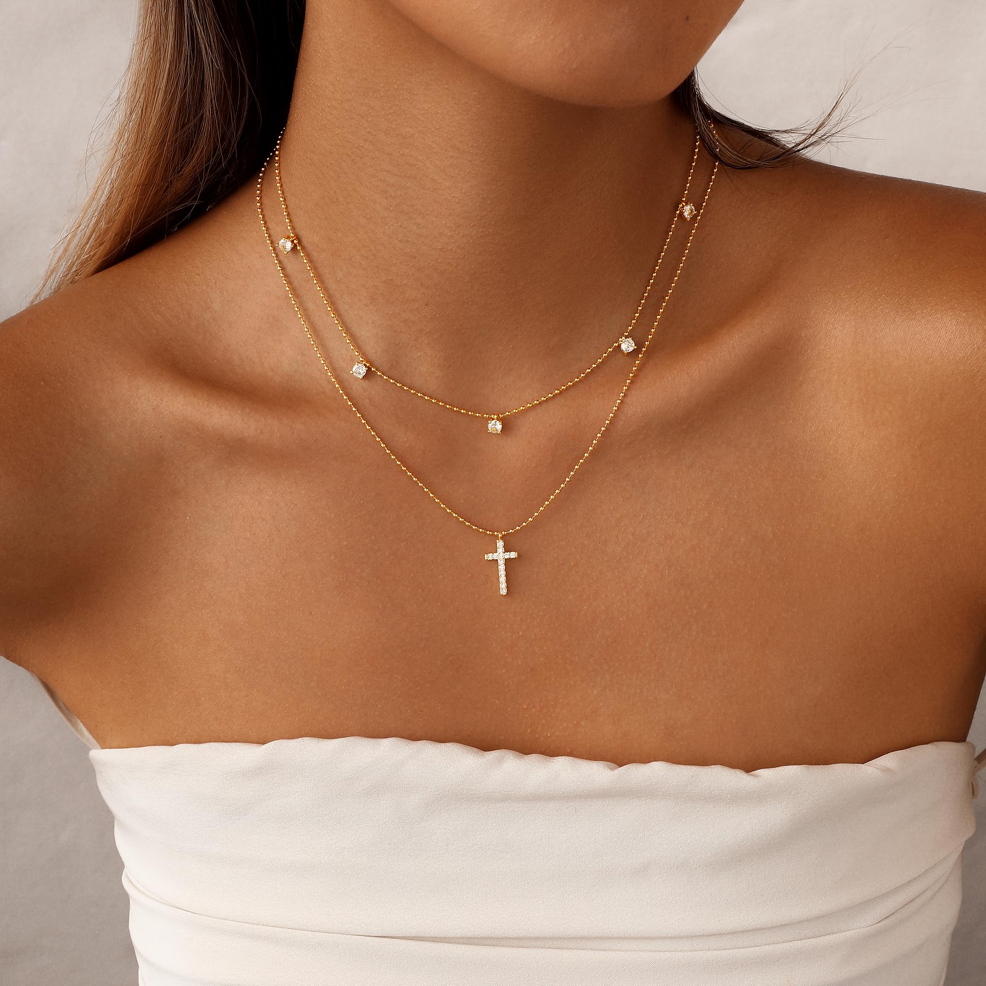 Gold Plated Layered Dainty Small Diamond Cross Pendant