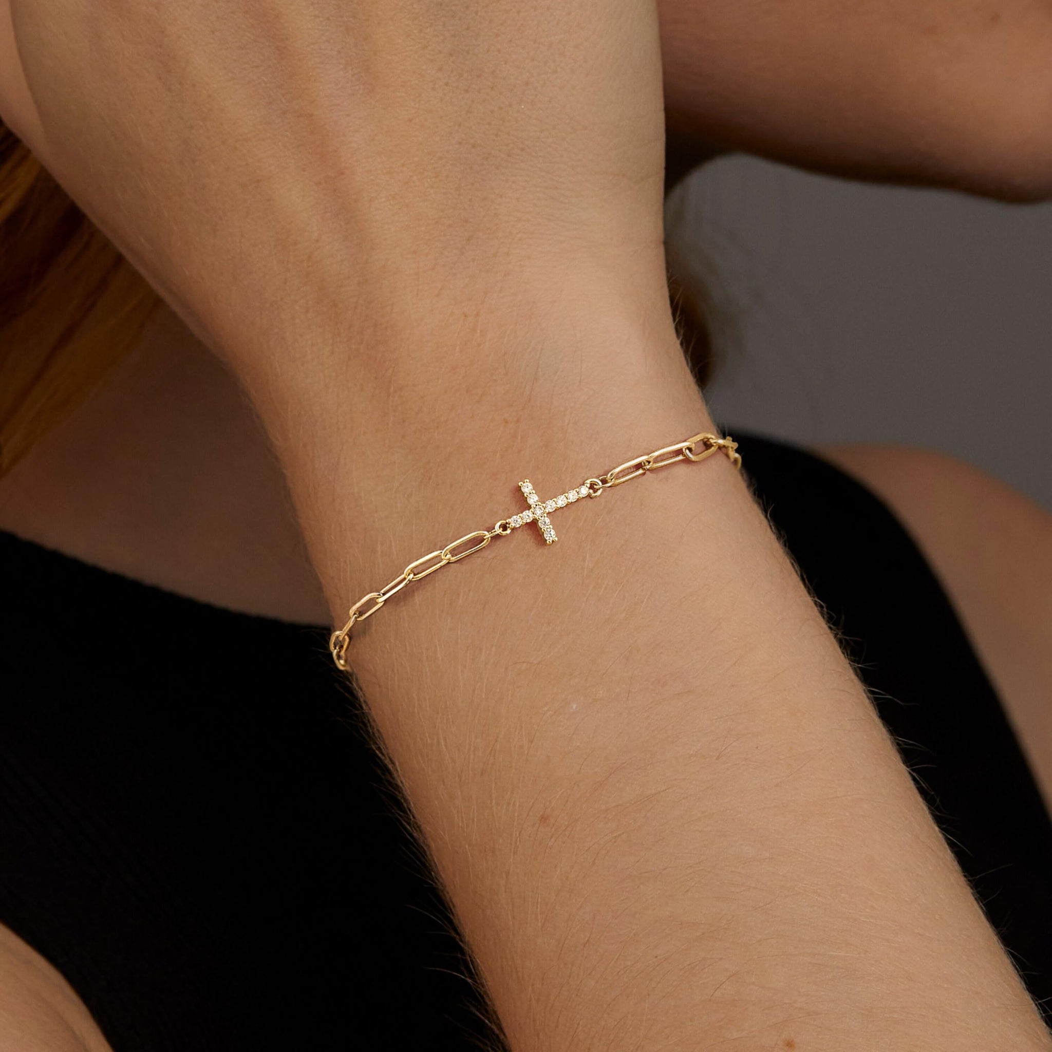 Dainty Paperclip 14k Cross Bracelet