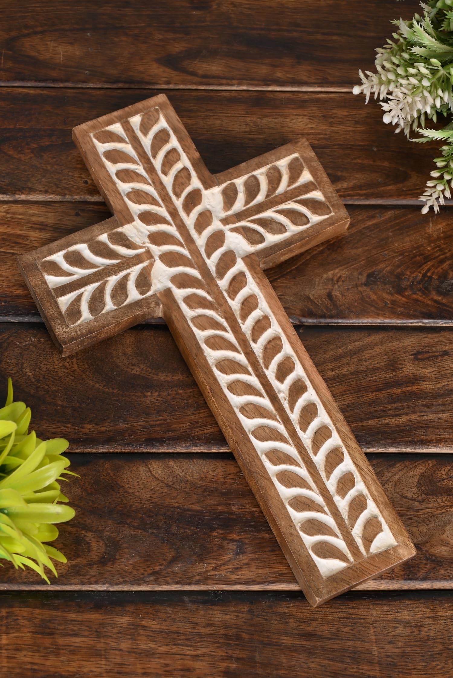 Mango Wood Cross, Wall Hanging Floral Carvings Décor