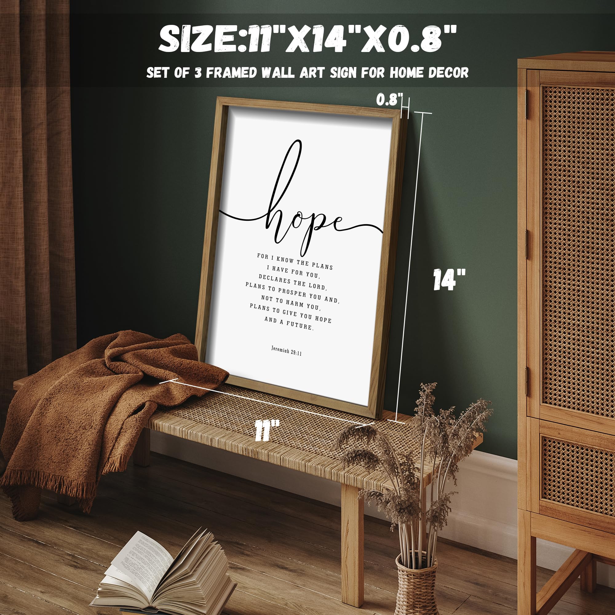 3 Set, Wood Framed Farmhouse Bible Verses, 11”x14” each