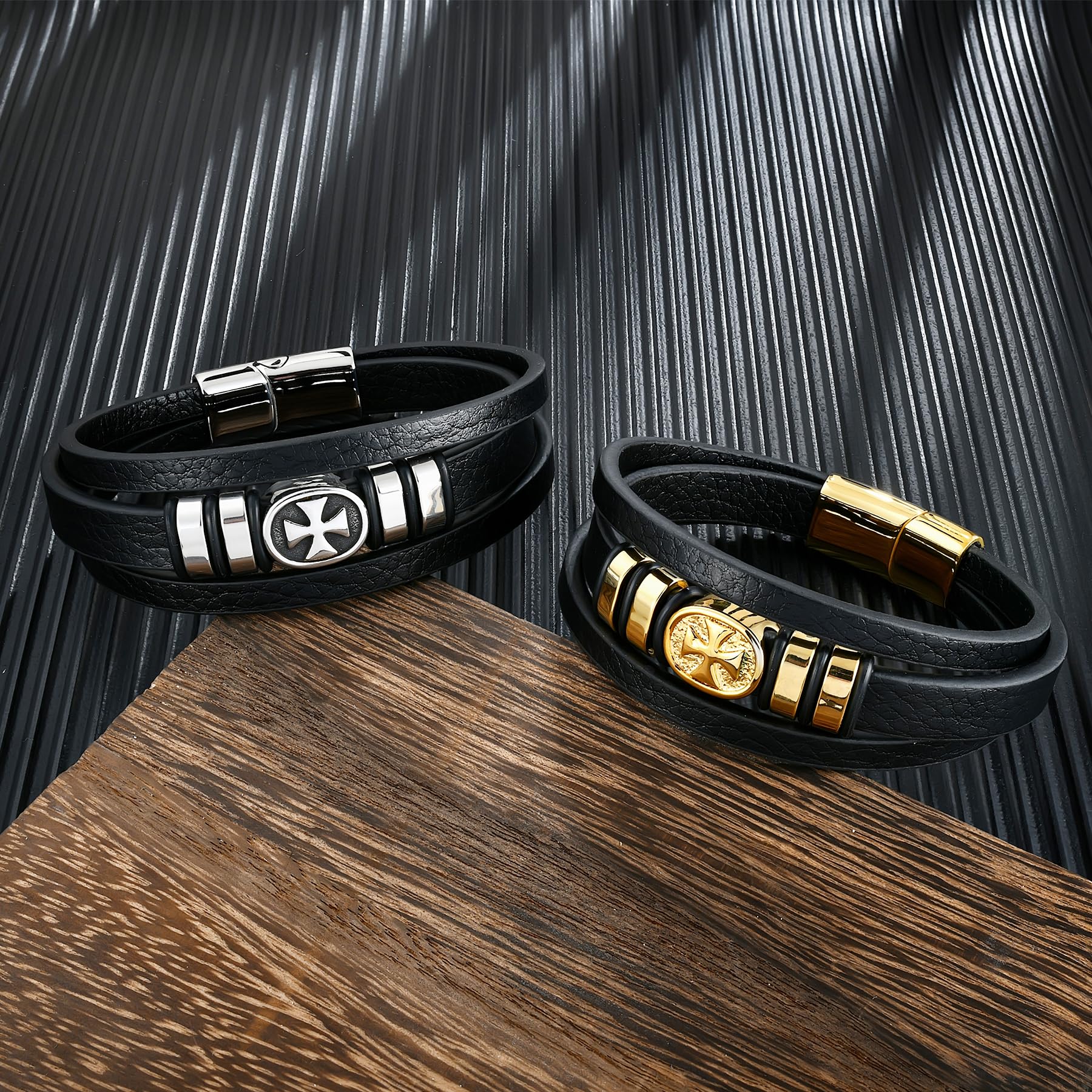 18K Gold Cross Leather Bracelet