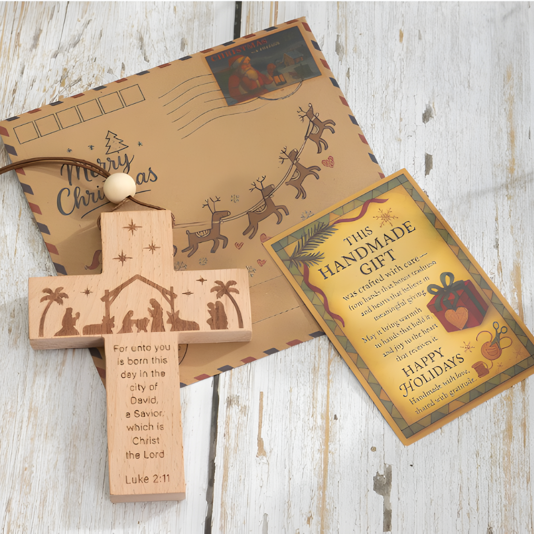 Wooden Nativity Cross Ornament