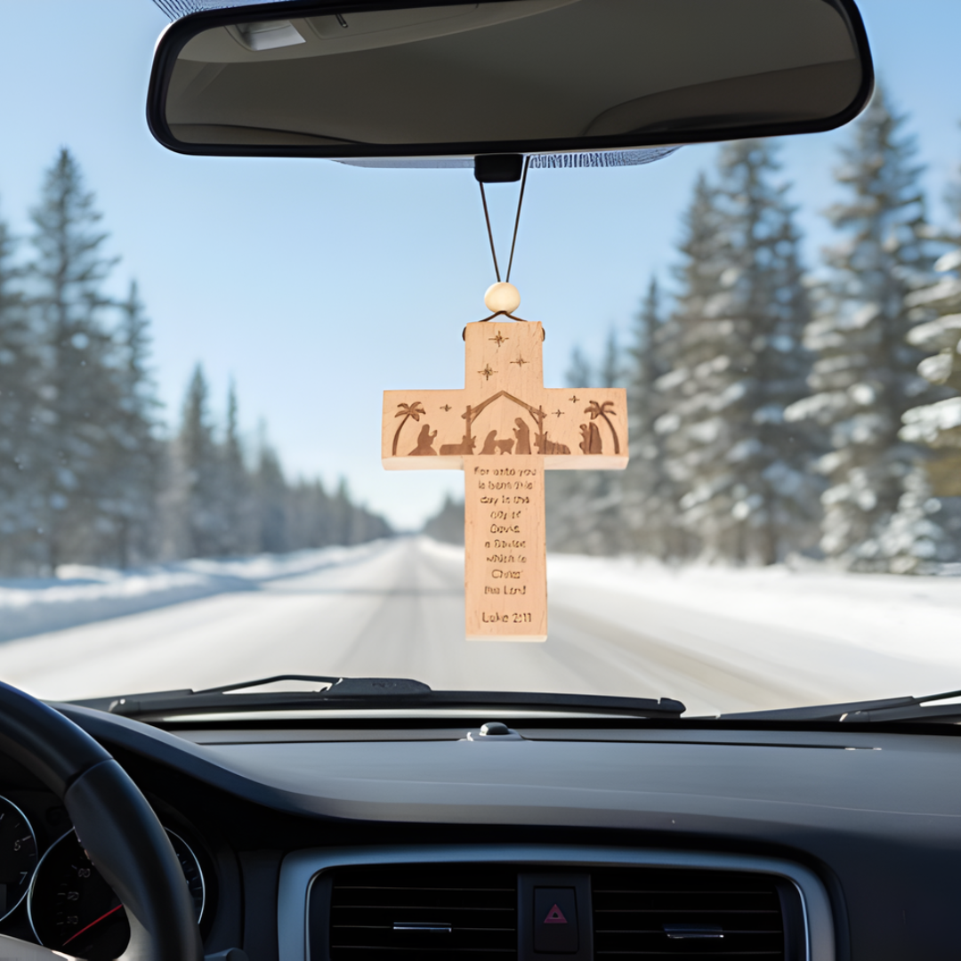 Wooden Nativity Cross Ornament