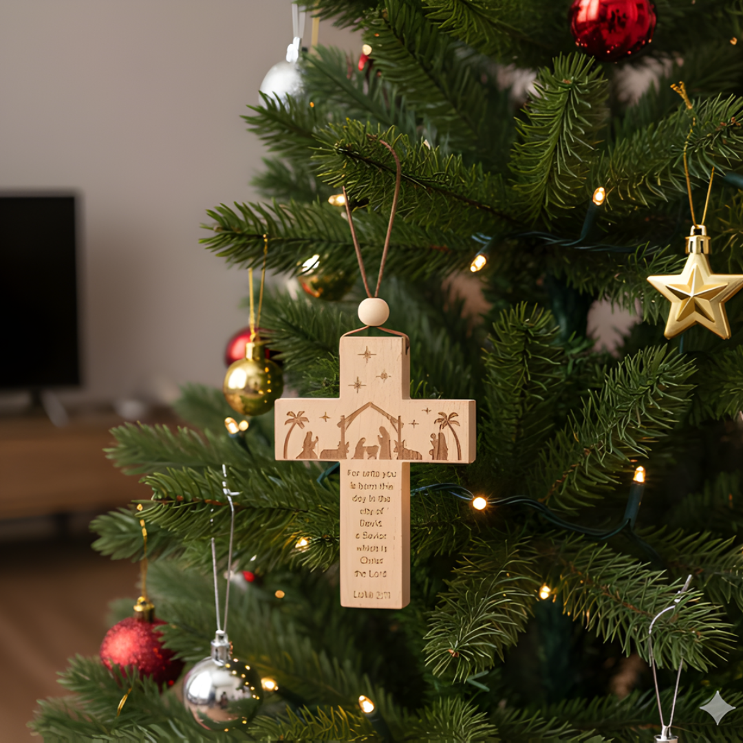 Wooden Nativity Cross Ornament