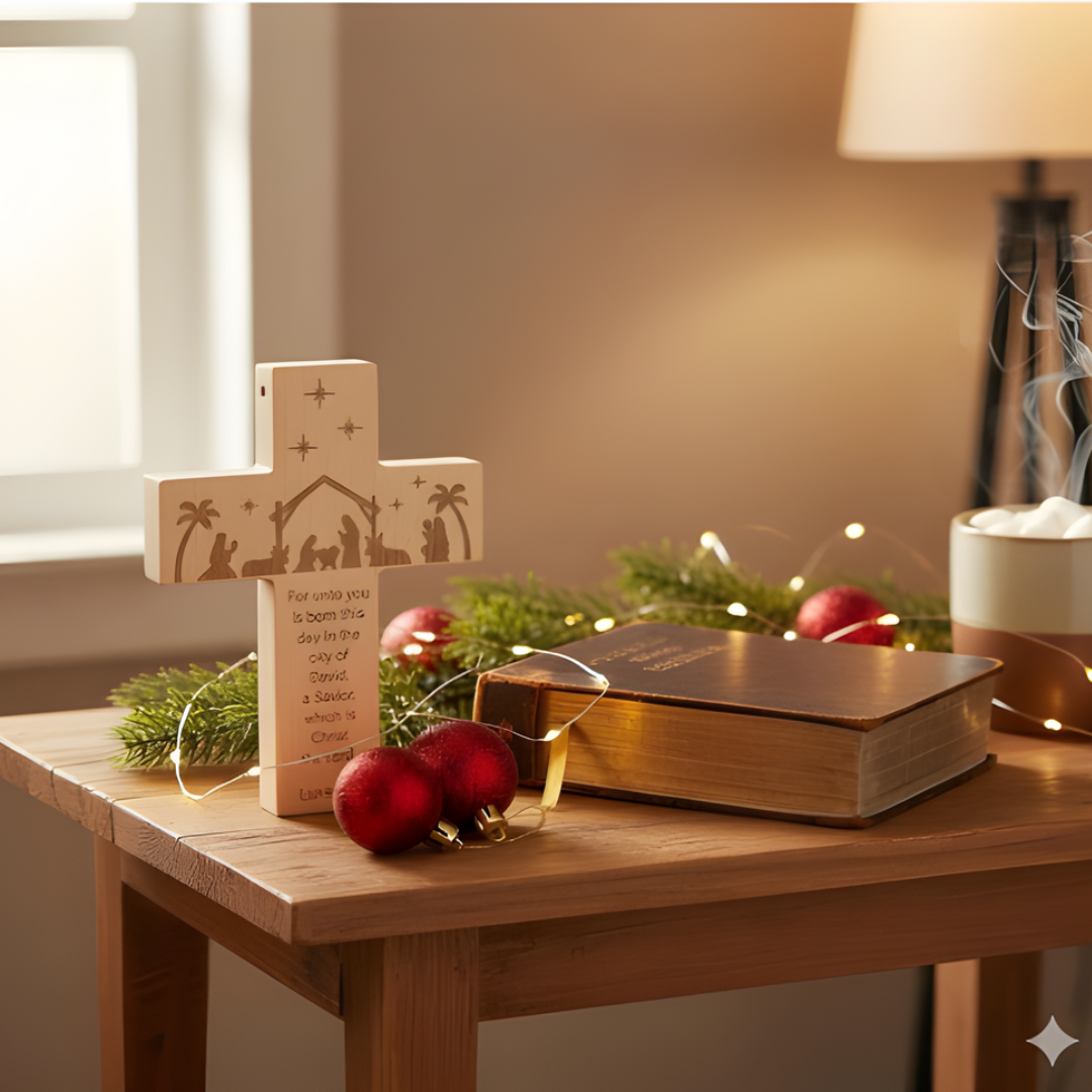 Wooden Nativity Cross Ornament