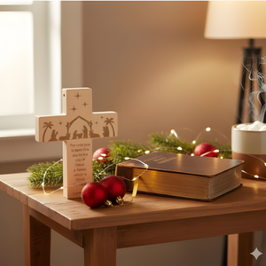 Wooden Nativity Cross Ornament