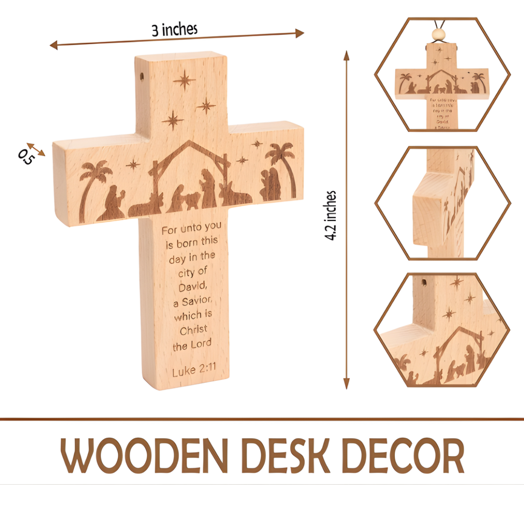 Wooden Nativity Cross Ornament