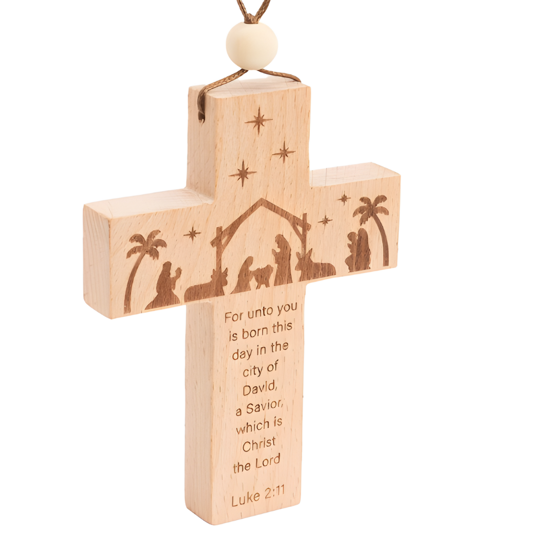 Wooden Nativity Cross Ornament