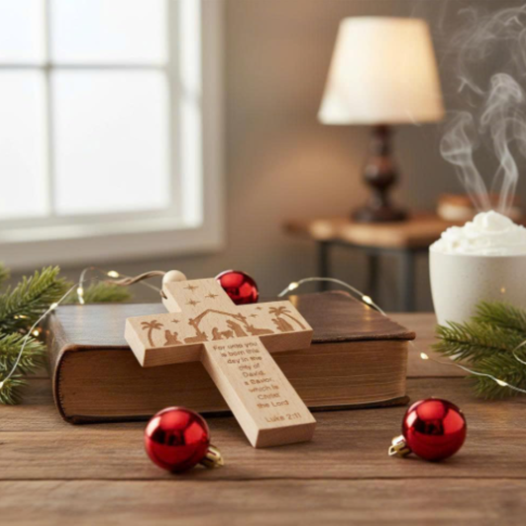Wooden Nativity Cross Ornament