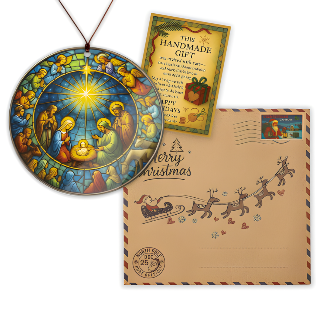 Traditional Nativity Stained Glass Style Ornament
