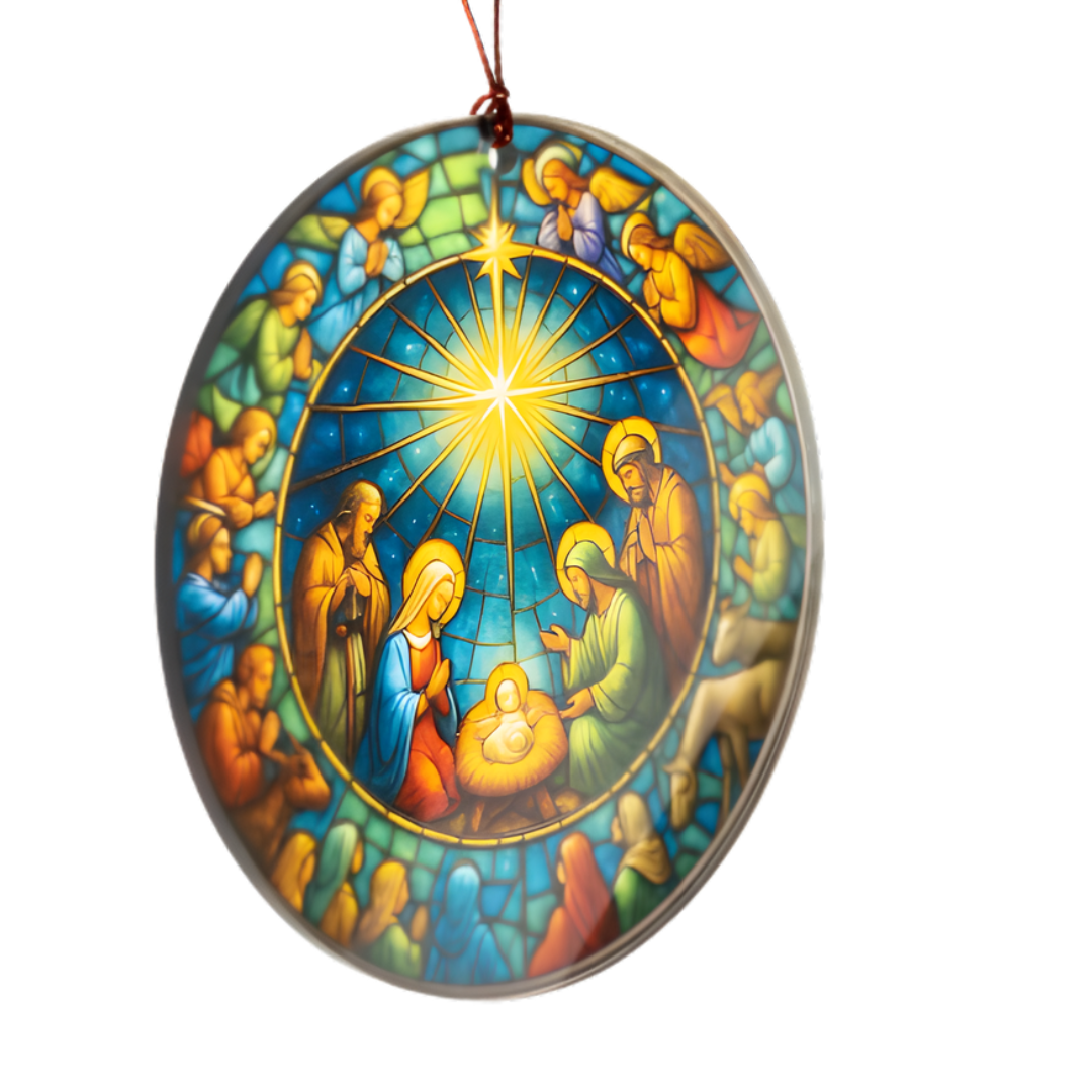 Traditional Nativity Stained Glass Style Ornament