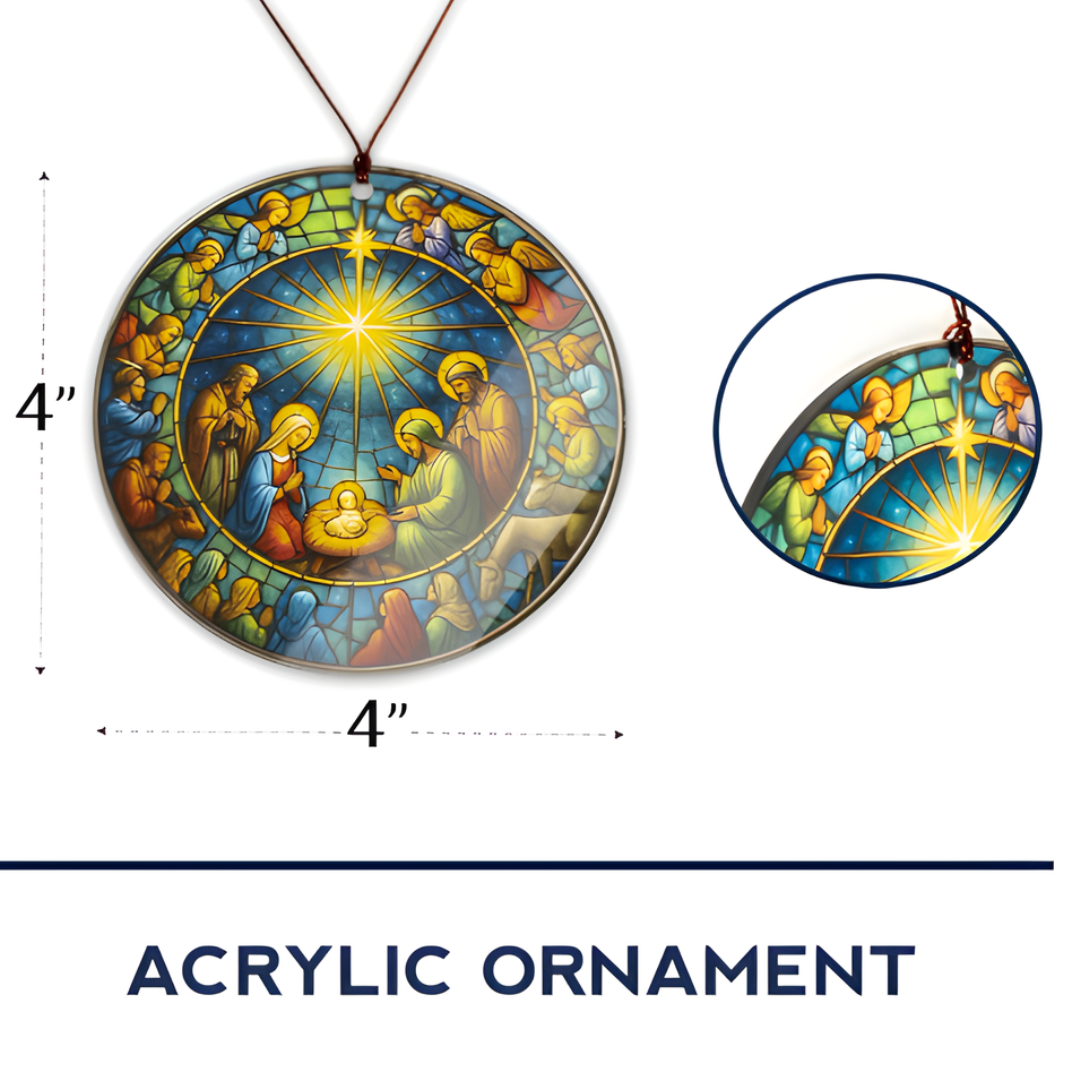 Traditional Nativity Stained Glass Style Ornament