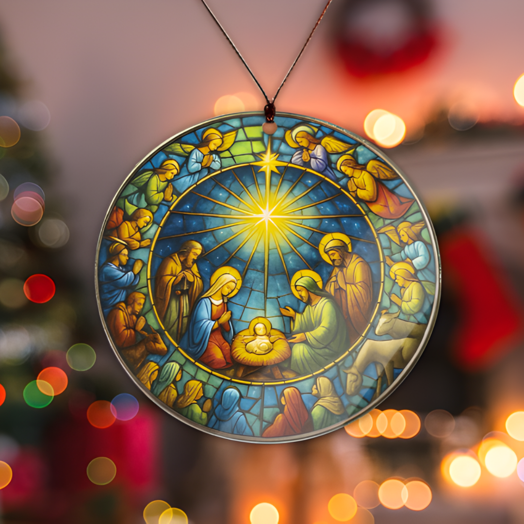 Traditional Nativity Stained Glass Style Ornament