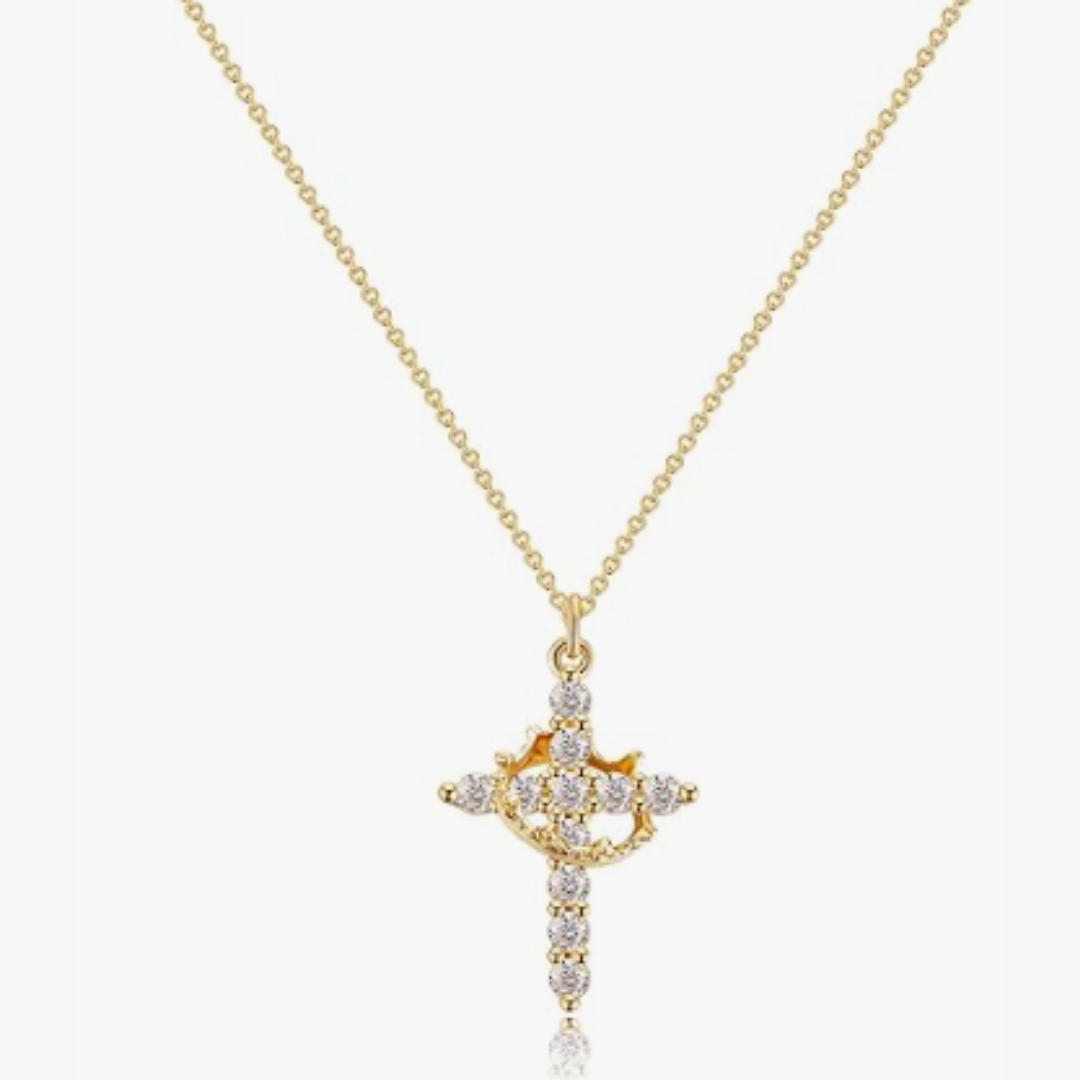 Cubic Zirconia Cross Necklace, 18K Gold, Women