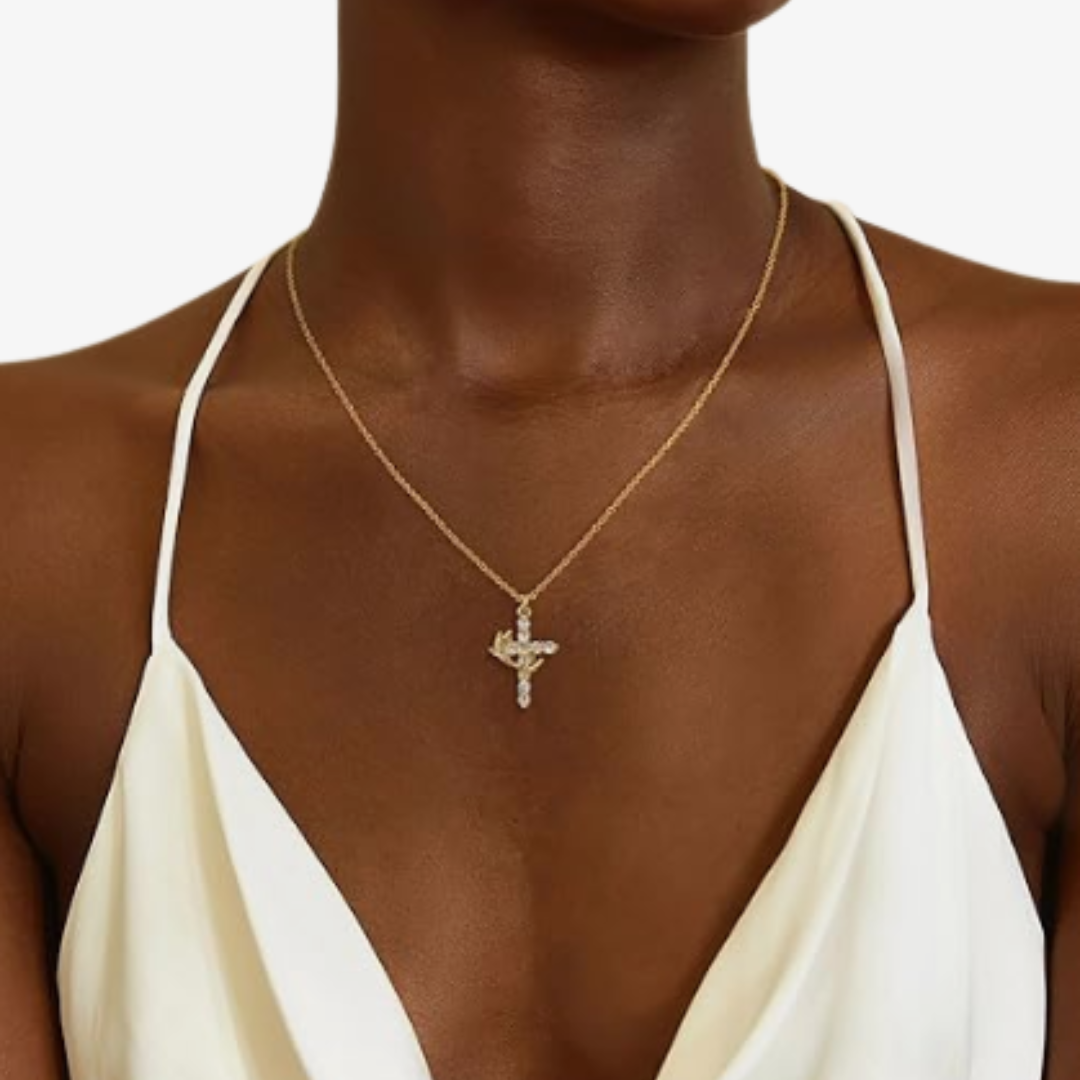 Cubic Zirconia Cross Necklace, 18K Gold, Women
