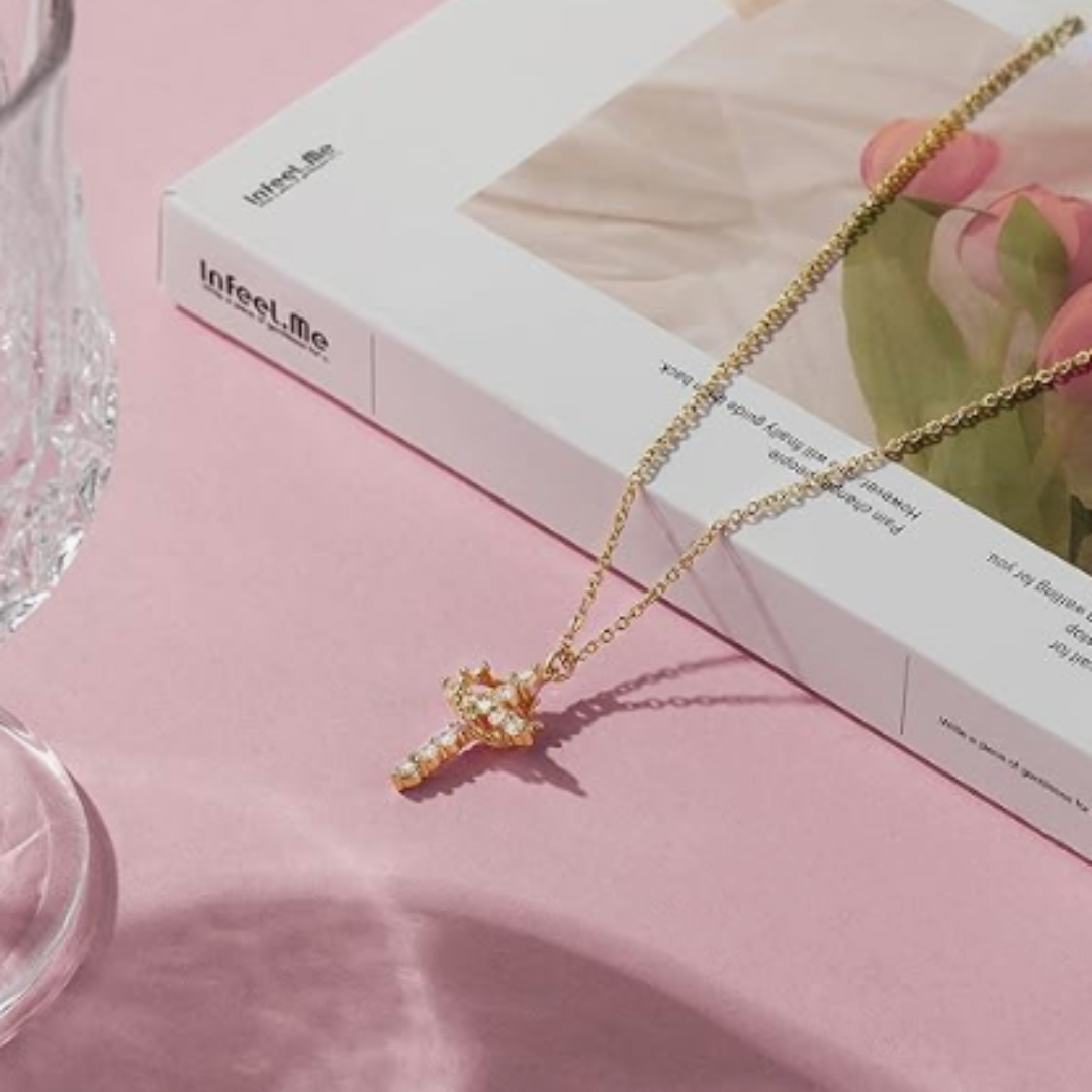 Cubic Zirconia Cross Necklace, 18K Gold, Women